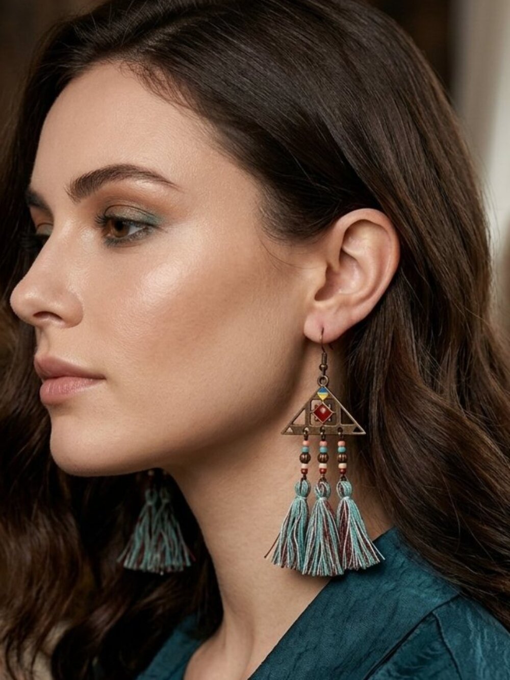Boho Geometric Dangle Earrings Colorful Beads Teal Burgundy Tassels